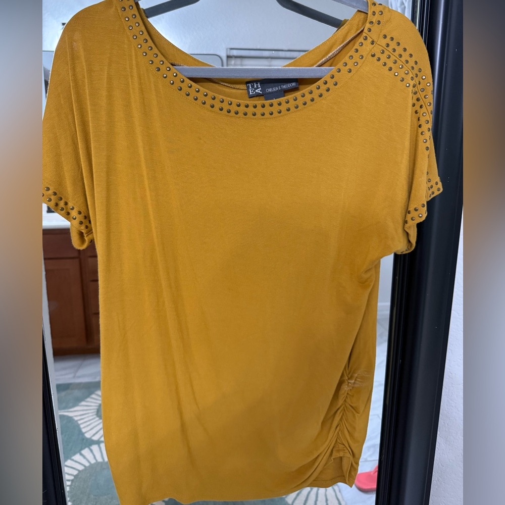 Chelsea & Theodore Gold Short Sleeve Tee with Embellished Neckline